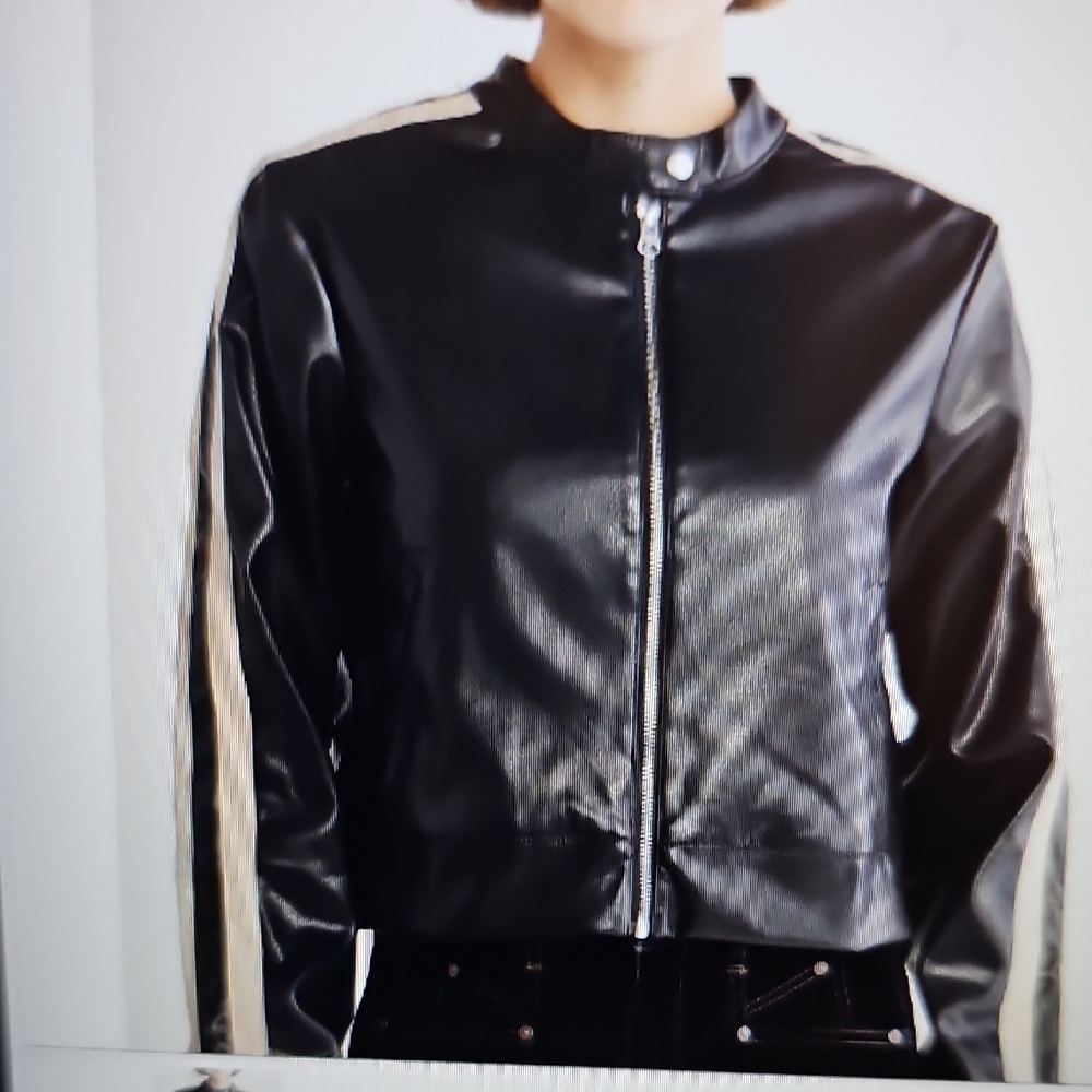 NWT Democracy Faux Leather Biker Jacket Retro Y2K Large Black/Cream - Picture 1 of 15